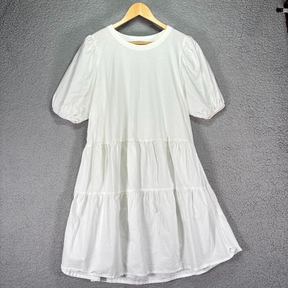 Zara Dress XL White Shirtdress Tiered A Line Short Puff Sleeve Cotton Cottage